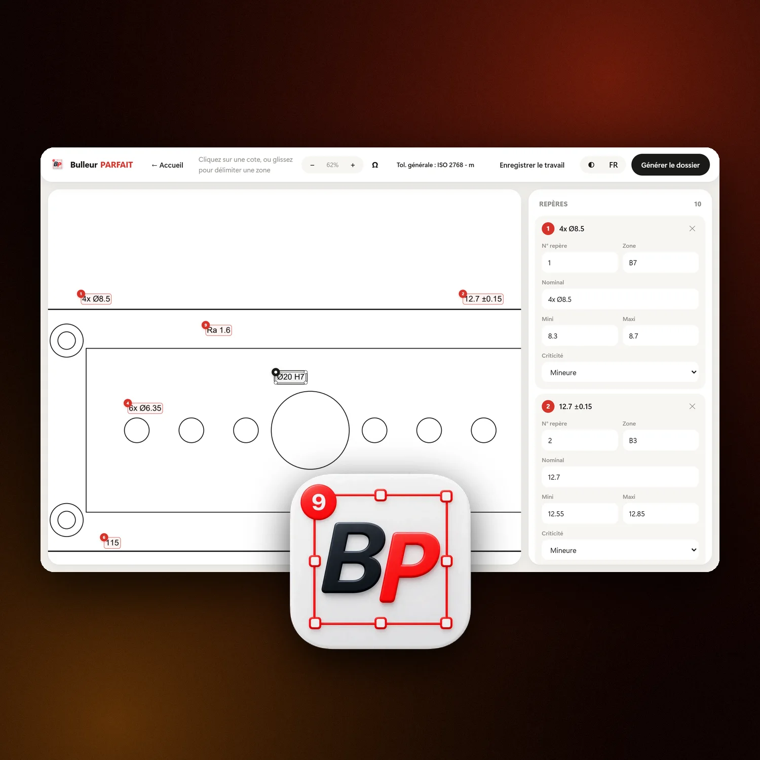 Interface de Bulleur Parfait, logiciel de bullage de plans techniques